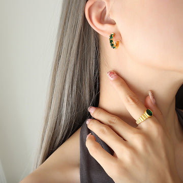 C-Shape Hoop Earrings With Row Of Green Or Clear Zircon
