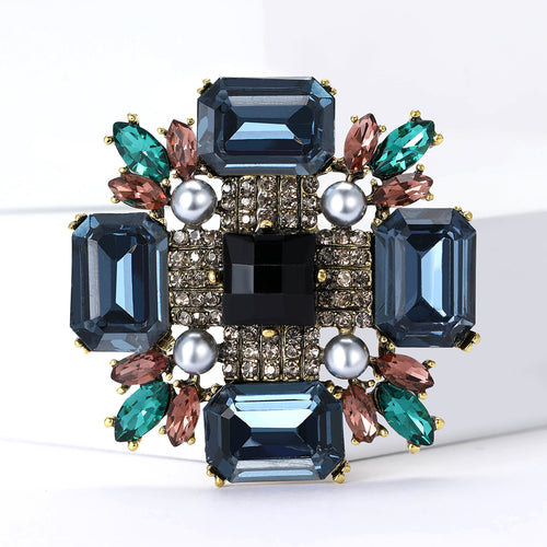 Blue-gray square crystal pearl brooch upright front view