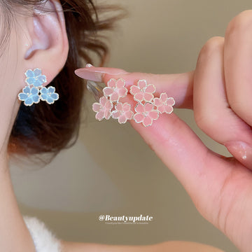 Pale Blue Enamel Flower Cluster Statement Stud Earrings