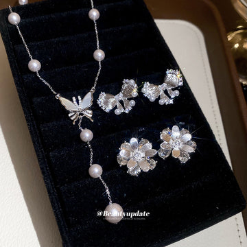 Silver Butterfly Pearl Y Necklace Bow Flower Stud Earrings