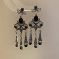 Antique Silver Floral Chandelier Earrings With Black Drops view 6