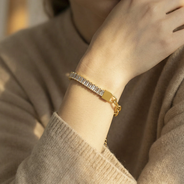 Crystal Baguette and Elongated Link Bracelets in Gold and Silver Tone