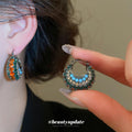 Black Tone Multicolor Beaded Hoop Earrings Fashion Jewelry view 2