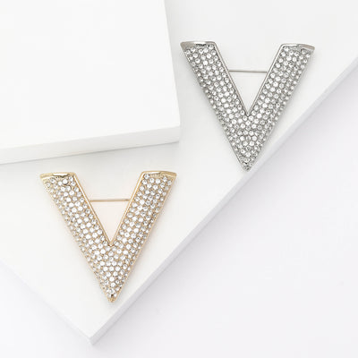 Crystal Letter V Brooch on white background