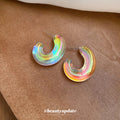 Iridescent Chunky U Shaped Stud Earrings with Polished Metal Details view 4