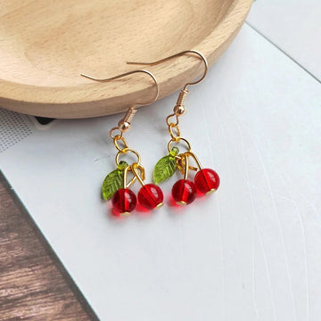 Mini Red Bead Cherry Dangle Earrings Green Leaf Gold Tone