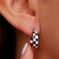 Silver Tone Black And White Checkered Hoop Earrings view 1