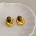 Gold Fluted Oval Stud Earrings Brown Banded Cabochon view 4