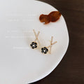 Gold Tone CZ X Bar Black Camellia Pearl Stud Earrings view 4