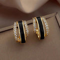 Gold Tone Black Enamel Clear Crystal Curved U Earrings view 1