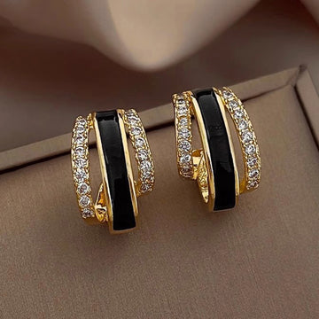 Gold Tone Black Enamel Clear Crystal Curved U Earrings