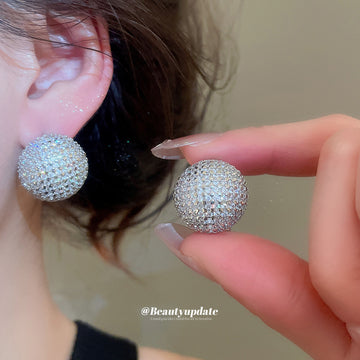 Silver Tone Pavé Crystal Sphere Stud Earrings With Grid Texture
