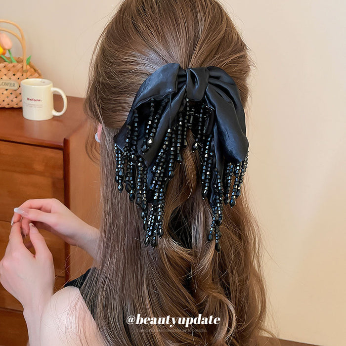 Satin Bow Crystal Bead Tassel Claw Hair Clip 1 Style