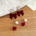 Red Velvet Bow and Pom Pom Earrings in Two Drop Styles view 6