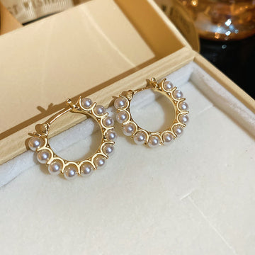 Gold Tone Circular Pearl Hoop Earrings With Beaded Border