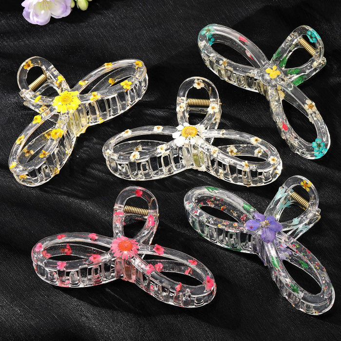 Transparent Resin Pressed Flower Bow Hair Claw Clips in Five Designs