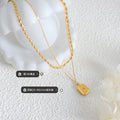 Gold Double Layer Necklace Bead Chain Square Crystal Pendant view 2