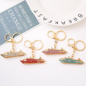 Rhinestone Cruise Ship Keychain Gold Metal Charm Four Colors