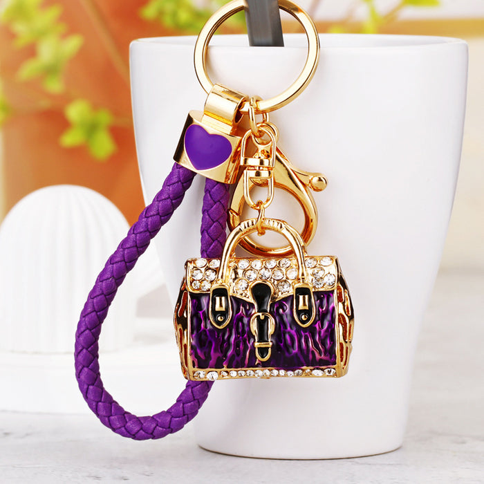 Jeweled Leopard Handbag Keychains in Blue Burgundy and Purple with Braided Loops