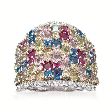 Multicolor Mosaic Dome Extra-Wide Ring In Silver Tone
