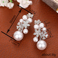Silver Floral Faux Pearl Clear Stone Cluster Drop Earrings view 4