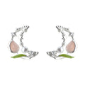Silver Tone Clear Stone Crescent Pink Flower Green Leaf Stud Earrings view 5