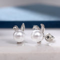 Silver Bunny Ear White Faux Pearl Stud Earrings Pair view 2