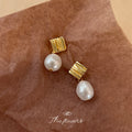 Gold-Tone Ridged Square Stud Baroque Pearl Drop Earrings view 4