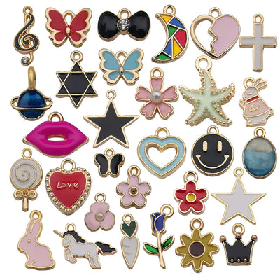 Colorful heart and star charms arranged on a light background