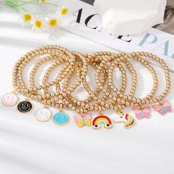 Gold Tone Beaded Bracelets with Nine Colorful Charm Designs