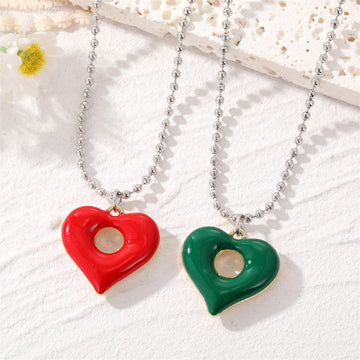 Silver Tone Red and Green Open Heart Pendant Ball Chain Necklaces
