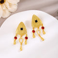Gold Triangle Black Center Red and Green Dangle Earrings view 2