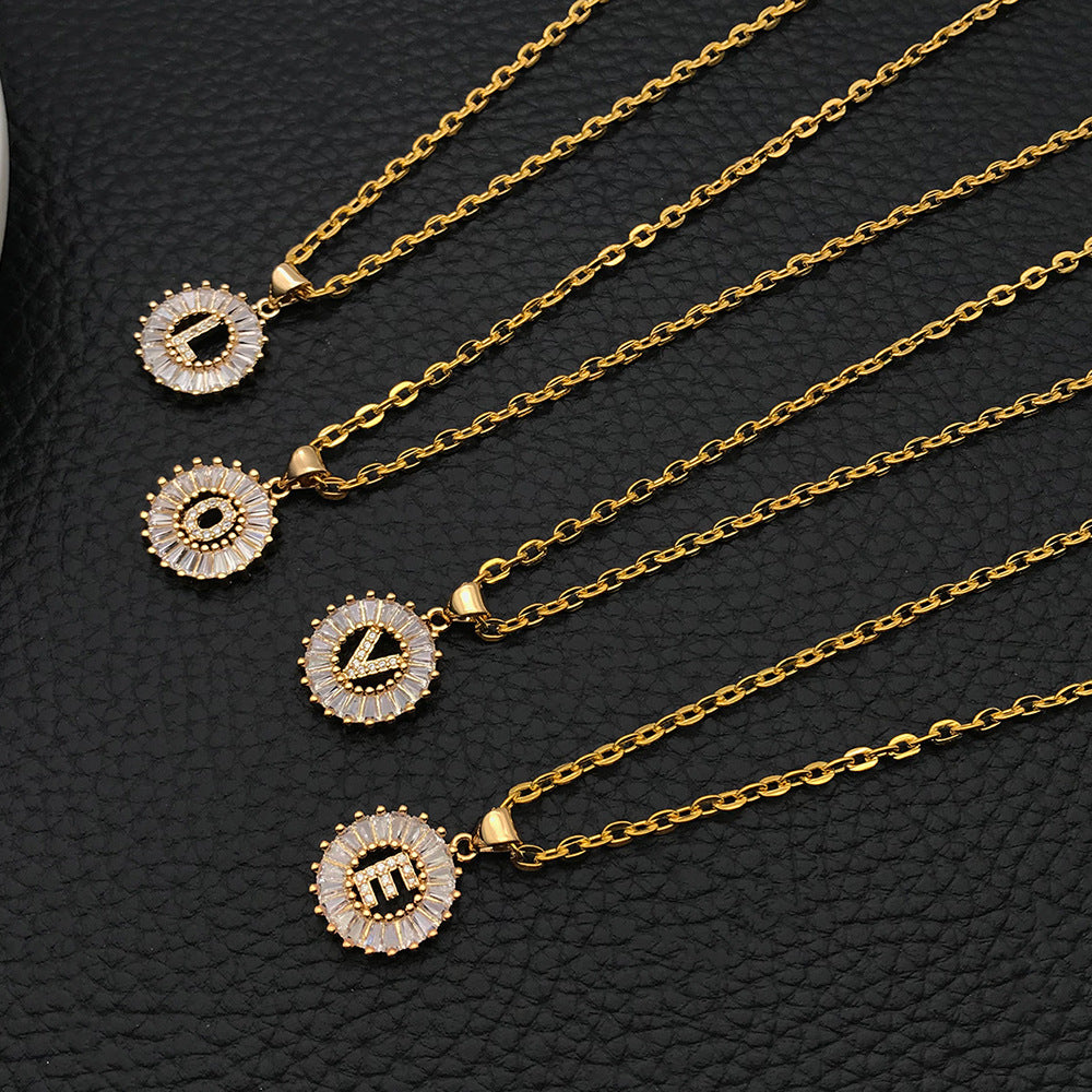 Zinc Alloy Gold Round Rhinestone English Letter Charm Pendant for Necklace DIY — 15×21mm