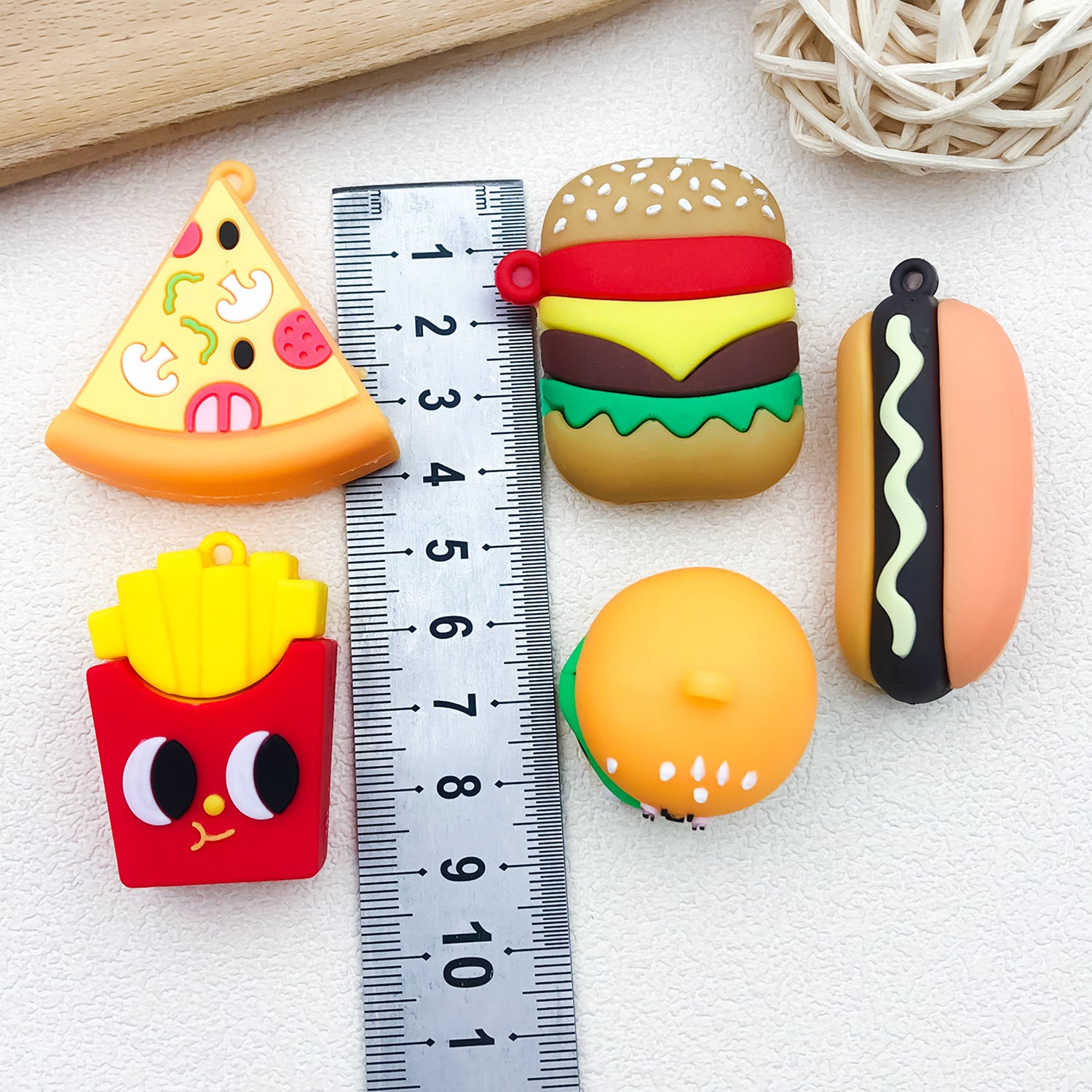 Zinc Alloy Simulated Food Hamburger Fries Pizza Hot Dog Charm Pendant for DIY Bag Keychain Decor