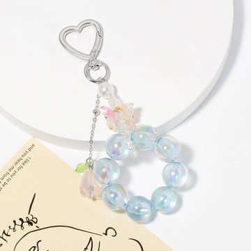 Blue Iridescent Bead Ring Keychain Silver Heart Clasp Flower