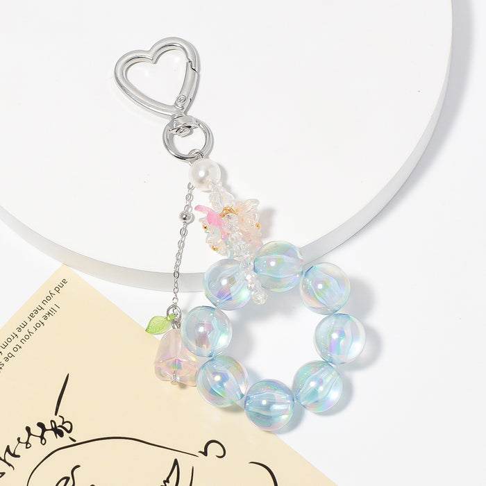 Blue Iridescent Bead Ring Keychain Silver Heart Clasp Flower