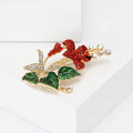 Red Crystal Lily Brooch With Green Leaves and Two Birds view 2