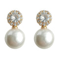 Gold Tone Clear Halo White Pearl Drop Stud Earrings view 5