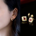 Gold Red Center Swirl Pave Stud Earrings Alloy Metal view 2