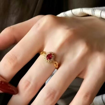 Gold Tone Open Ring Red Oval Halo Clear Border Stones
