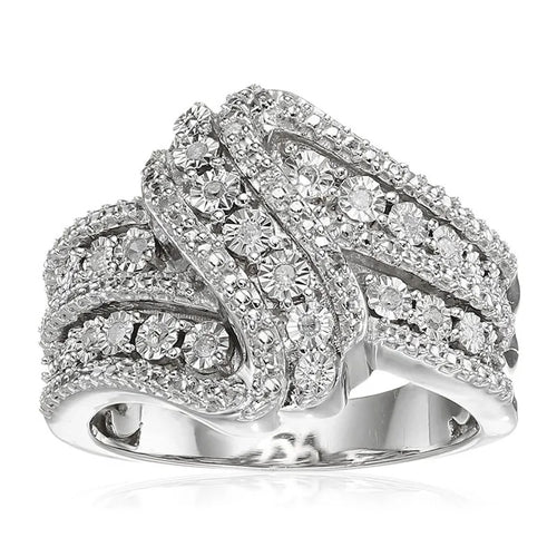 Product view showing silver-tone leaf-shaped pave extra-wide statement ring