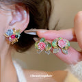 Colorful Flower Cluster Stud Earrings With Gold Tone Details view 2