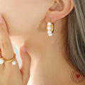 Gold U-Shape Hoop Earrings White Faux Pearl Accents view 4