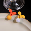 Orange Red and Yellow Mismatched Flower Ball Stud Earrings view 3