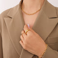 Textured Oval Link Chain Necklace Bracelet Gold Steel Tone Set view 1