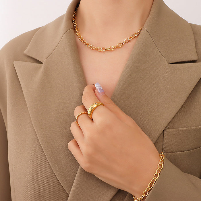 Textured Oval Link Chain Necklace Bracelet Gold Steel Tone Set