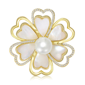Gold Tone White Camellia Flower Brooch With Pearl Center