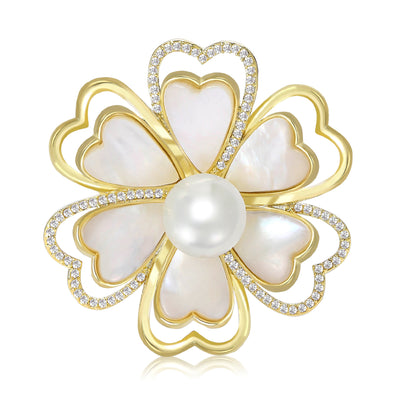Main front view of Gold Tone White Camellia Flower Brooch With Pearl Center