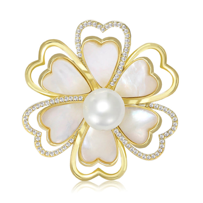 Gold Tone White Camellia Flower Brooch With Pearl Center