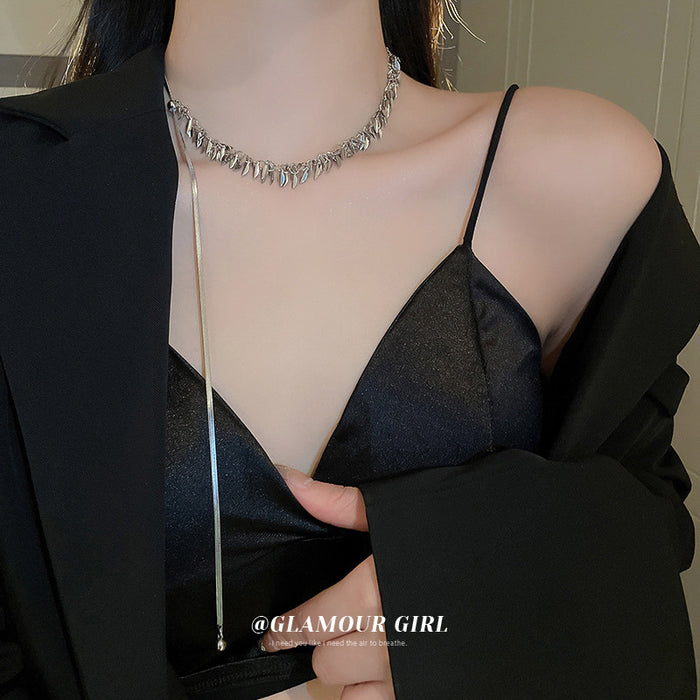 Silver Leaf Sequin Choker Long Snake Chain Drop Tassel